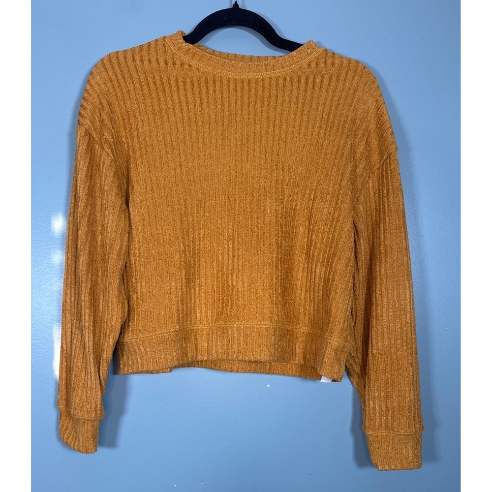Band of the Free Mustard Yellow Ribbed Cropped Long Sleeve Sweater Women Size S